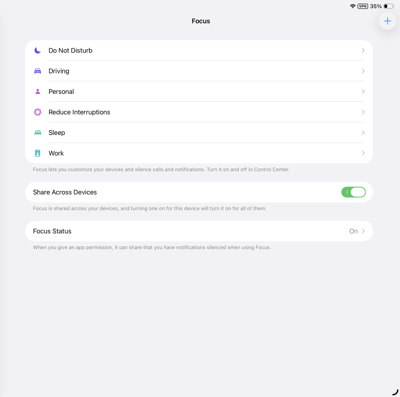iPad Settings Focus screen listing Do Not Disturb, Driving, Personal, Reduce Interruptions, Sleep and Work.