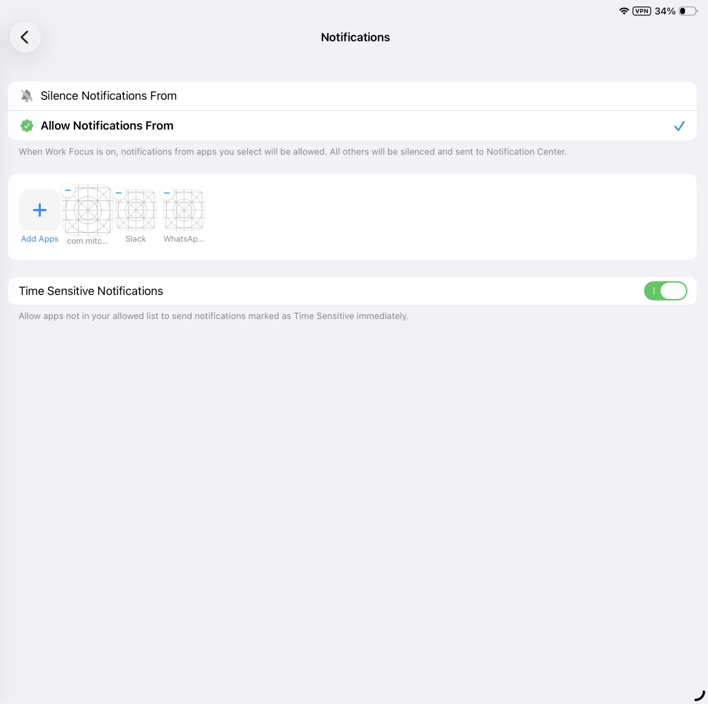 Work Focus notifications screen with Allow Notifications From selected, three allowed apps, and Time Sensitive Notifications turned on.
