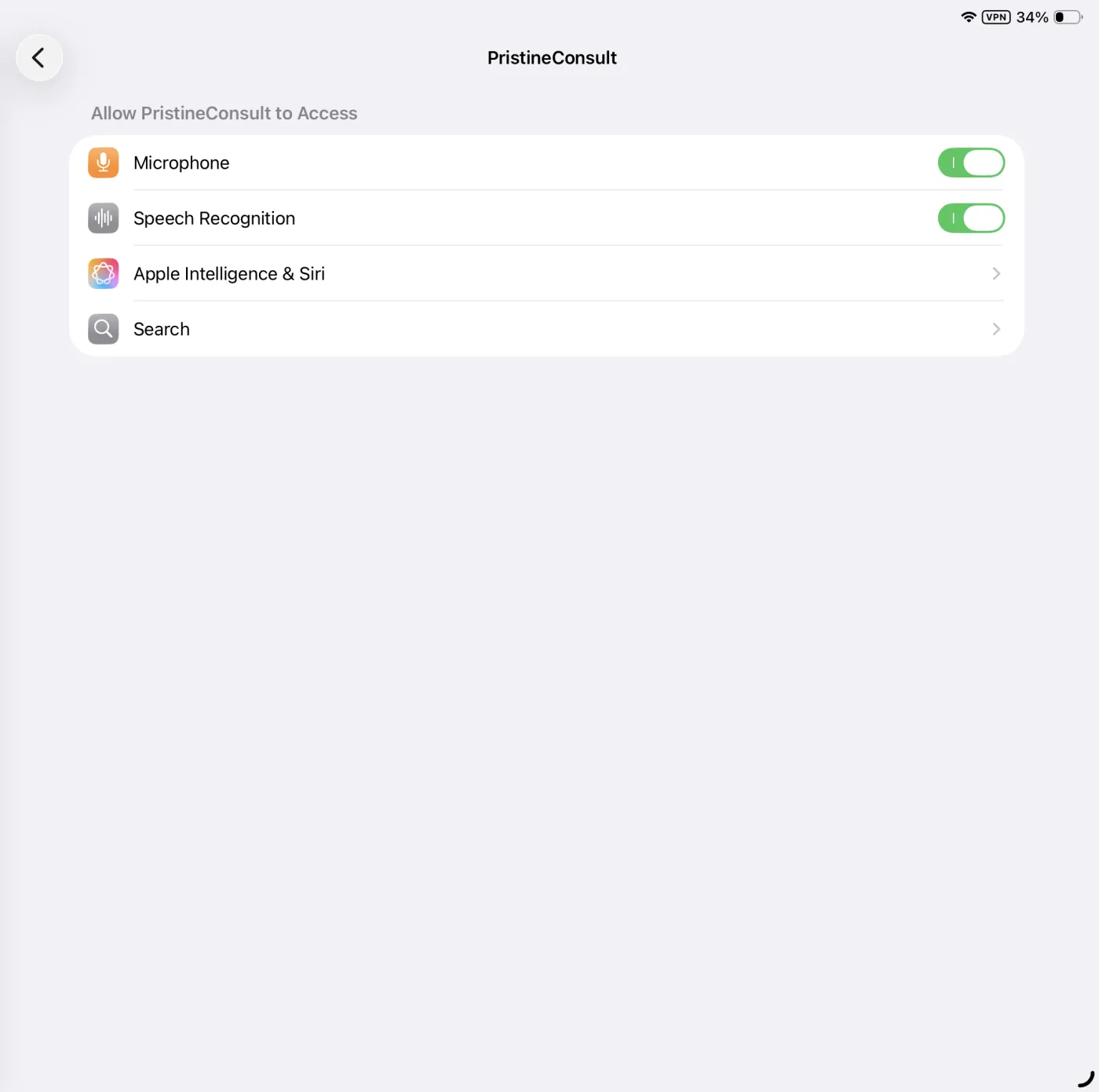 PristineConsult app settings with Microphone and Speech Recognition both turned on.