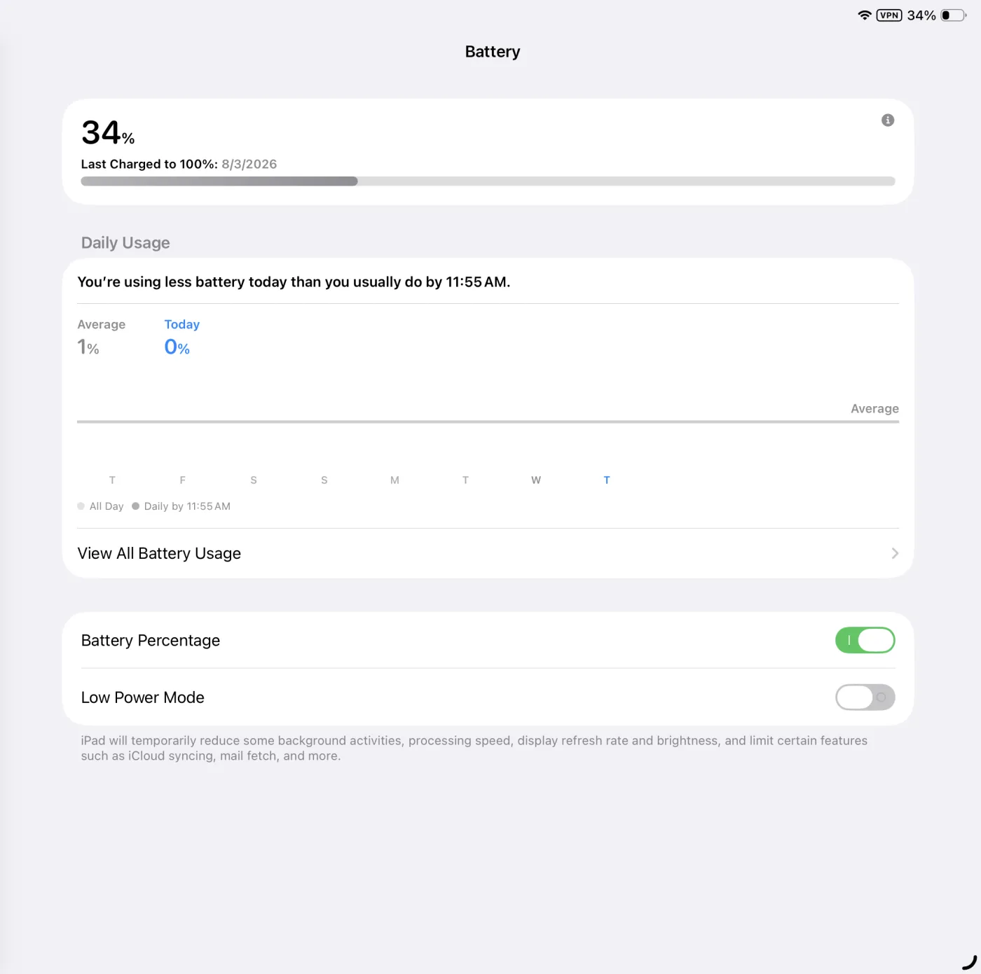 Battery settings with the Low Power Mode switch turned off.