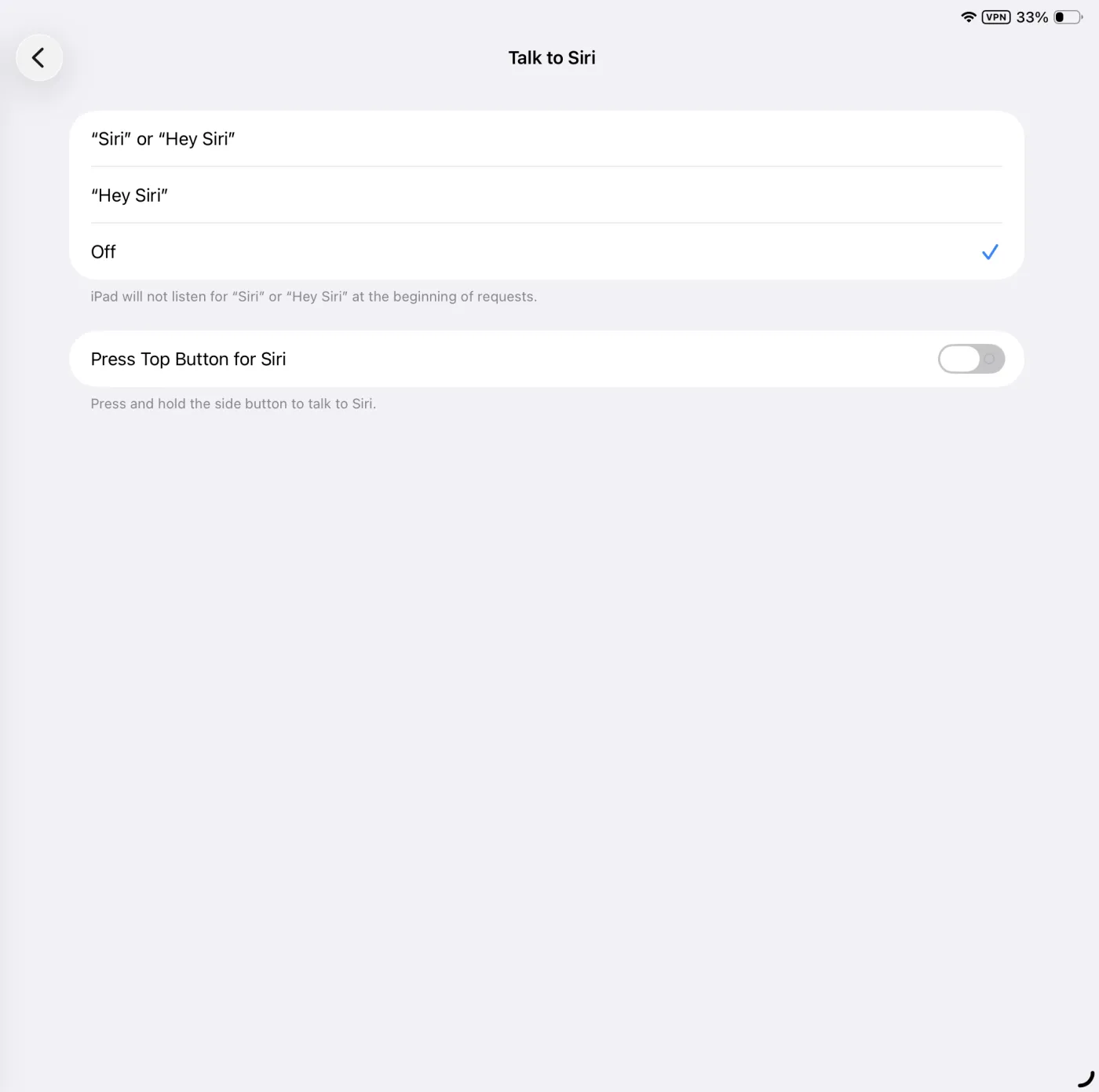 Talk to Siri screen with the Off option checked.