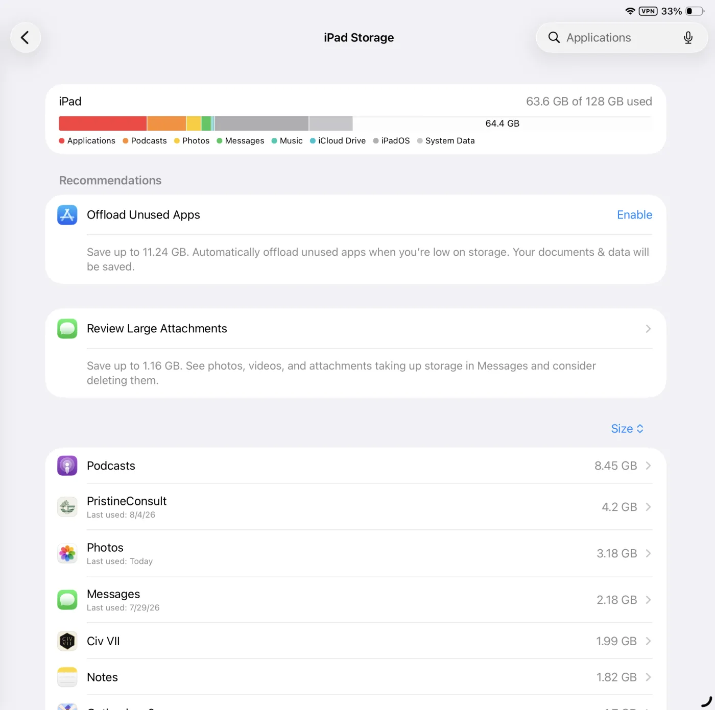 iPad Storage screen showing 63.6 GB of 128 GB used.